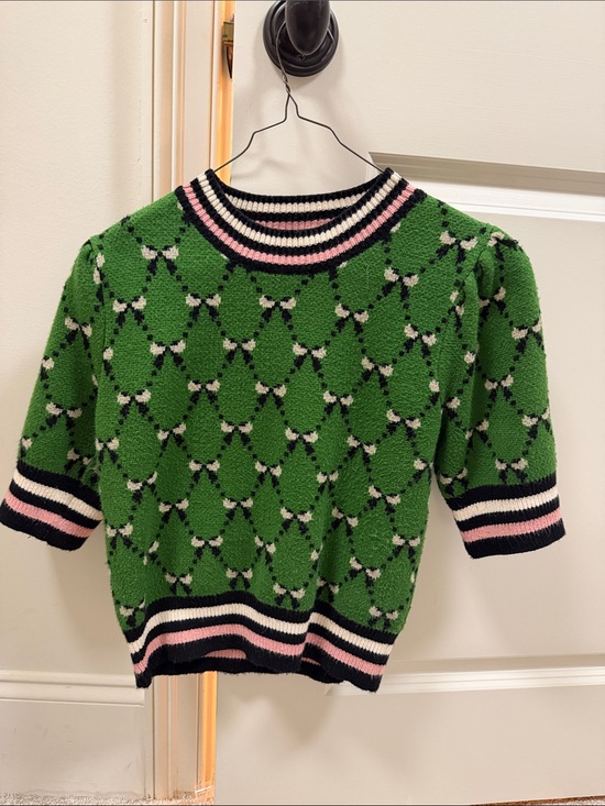 THML Sweaters - THML Green Patterned Short-Sleeve Crewneck Sweater with Pink and Black Trim